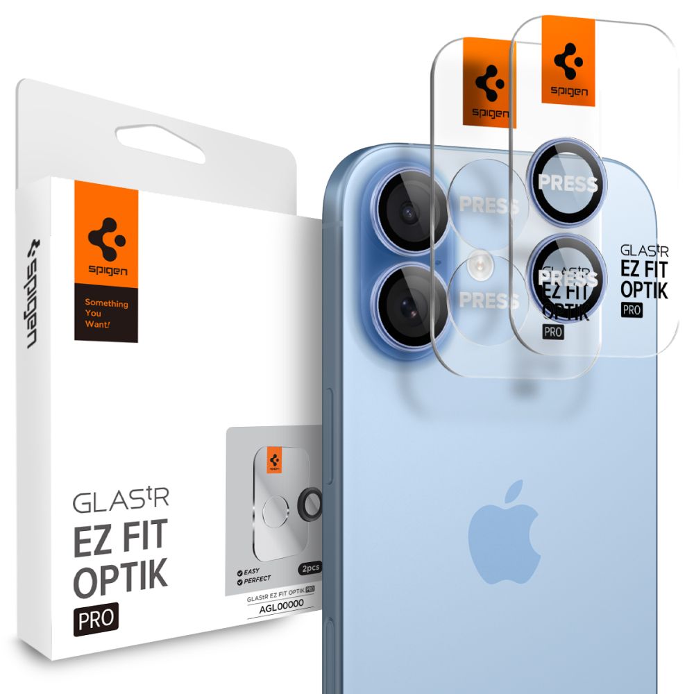 Cache-caméra Spigen Optik Pro Glas.Tr « Ez Fit » Protection d'objectif 2 unités iPhone 16 / 16 Plus / 17 Bleu